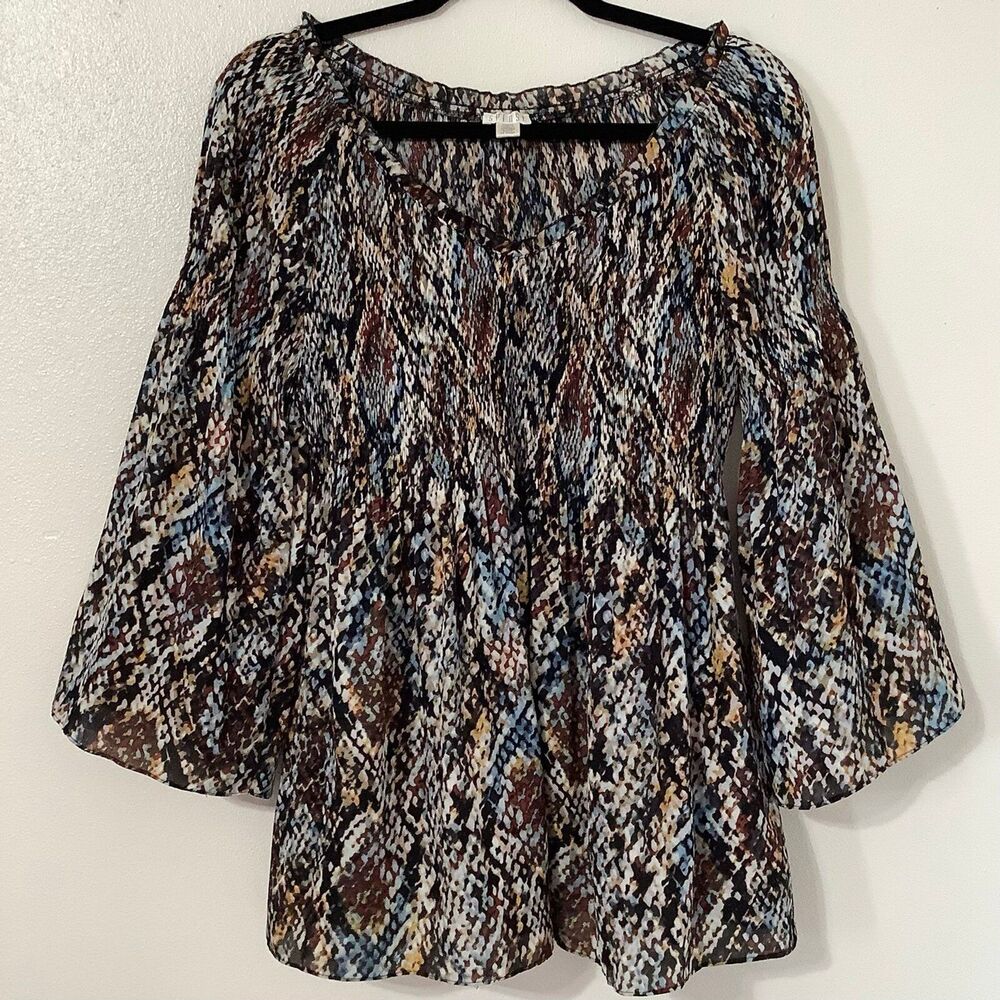 Spense Western Boho Multicolor Snakeskin‎ Oversized Sheer Peasant Blouse Medium